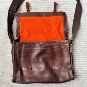 Cole Haan Brown Leather Messenger Bag – Canvas Strap – Orange Lining